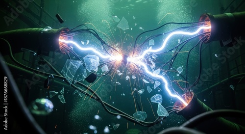 Underwater electrical surge causing sparks and shattered glass.