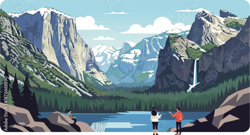 Majestic mountainous landscape with a serene lake, trees, and distant waterfall