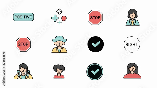 Icons depict positive, stop, right signs, and diverse people adults, children, elder, female