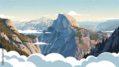 Majestic mountain peak bathed in sunlight, surrounded by clouds and forested slopes