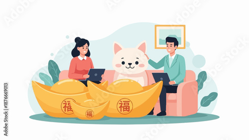 Happy family with pet and gold ingots, working remotely and enjoying leisure