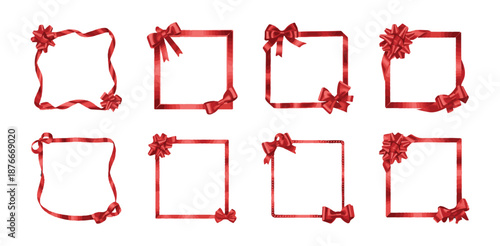 Red ribbon frame set square borders with satin bows for greeting cards and photo frames decoration