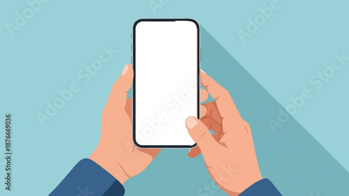 Hands holding a modern smartphone with a blank screen against a soft blue background