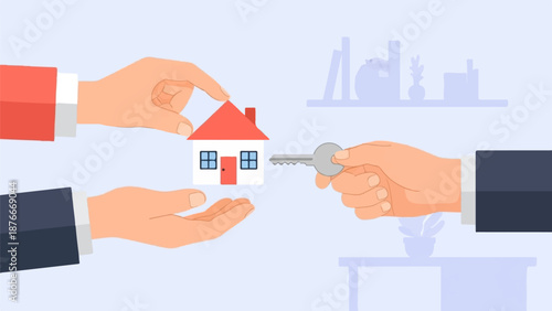 Hands exchanging a miniature house and key, symbolizing property transfer