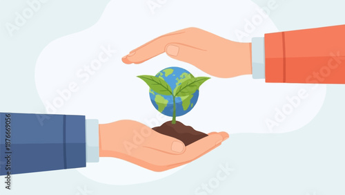 Hands cradle planet Earth sprouting a seedling with supportive hands above