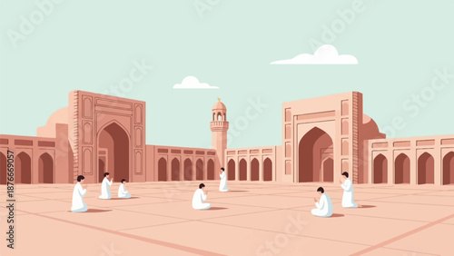 People praying in front of a mosque's grand courtyard with a minaret