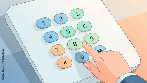 Hand pressing numbers on a calculator or phone keypad, colorful buttons