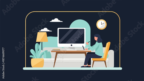 Person working on a computer at a desk in a cozy room with a lamp and plant