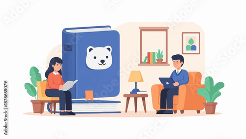 People reading and using laptops in a cozy indoor setting with a giant book