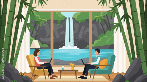 People working on laptops in chairs with a waterfall view through bamboo and curtains