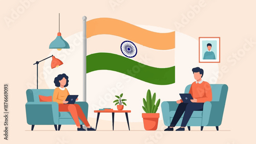 People working on laptops in a room with the Indian flag displayed