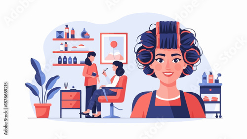 Hair salon scene with clients and staff, featuring hair curlers