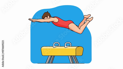 Gymnast in red leotard performs vault over yellow apparatus with handles