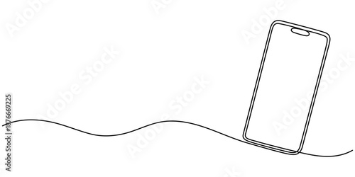 Mobile phone in one line art style. Drawing of a smartphone with an editable black stroke on a white background. Vector illustration.