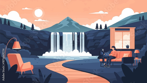 Person working on laptop beside couch with laptop and lamp, waterfall, and mountain in background