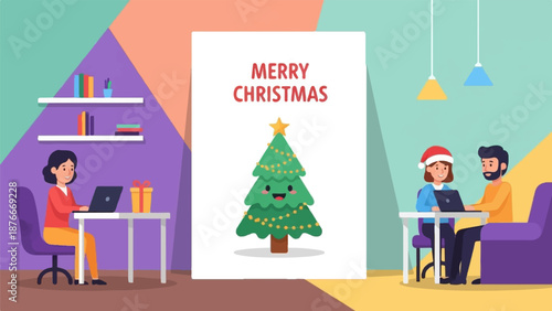 People working remotely and celebrating Christmas with a festive card