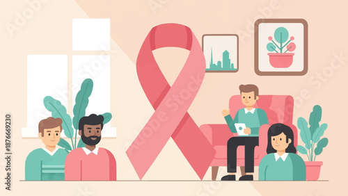 Group of diverse people gathering around a large pink ribbon, symbolizing support and awareness