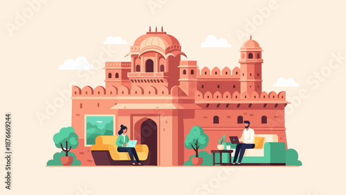 People working remotely at a historical Indian fort with modern furniture