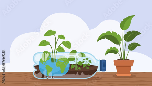 Green sprouts grow from a bottle terrarium and a clay pot