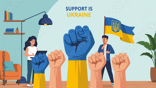 Raising fists in support of Ukraine, a woman works indoors, a man holds the national flag