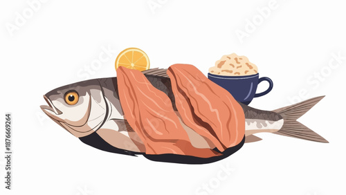 Raw fish fillets and a cup of porridge with a lemon slice on a whole fish