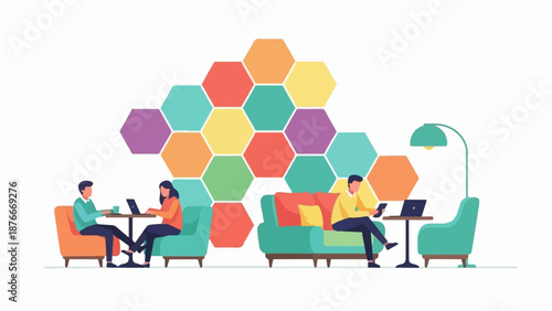 People working remotely in a cafe with colorful hexagon decor