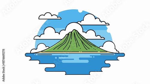 Green peak island surrounded by blue ocean and clouds under a bright sky