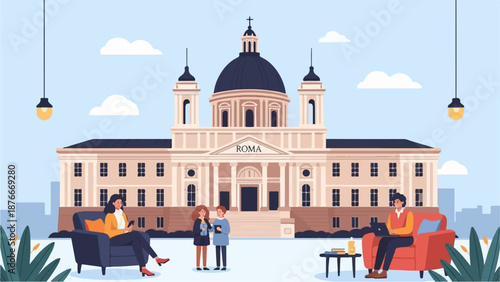 People relax near a grand domed building with "ROMA" written above the entrance