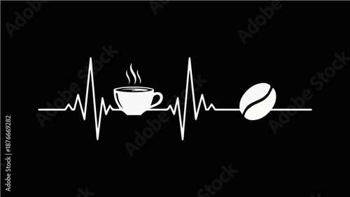 Coffee Heartbeat EKG Pulse Line with Cup and Coffee Bean - Minimalist Caffeine Lover Graphic Illustration for T-shirts and Posters