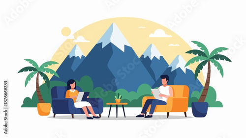 People relax on chairs near mountains and palm trees with a sun