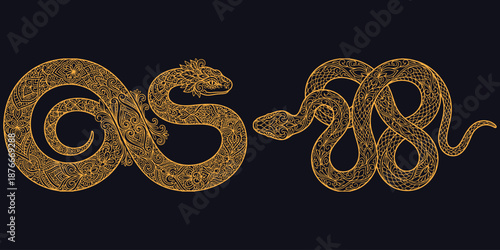 Golden Ornamental Snakes Line Art. Elegant Twin Serpent Illustration on Dark Background