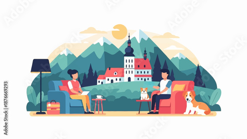 People relax with dogs and a castle in the background