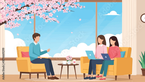 People working remotely on laptops in a cozy room with a cherry blossom view