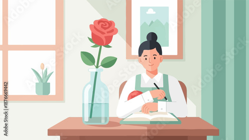 Person writing at a desk with a rose in a vase and a plant on windowsill