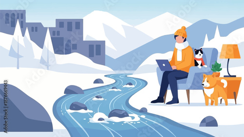 Person working remotely with pets beside a snowy river in a picturesque winter landscape with distant buildings