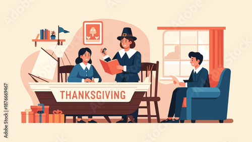 Pilgrims and modern people celebrate Thanksgiving, featuring a boat, gifts, books, and a window view