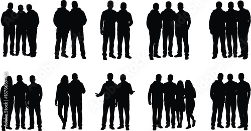 Vector illustration of group silhouettes—symbols for community, interaction, posture, diversity, relationships, teamwork, lifestyle, emotion, bonding, and expressive social design