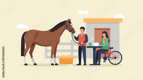 People and horse at stables, woman eats at table beside bike