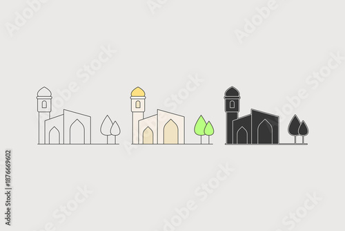 Mosque illustration with three different styles. A minimalist mosque design with one minaret. vector illustration.