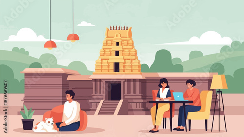 People and pet relax near a temple structure with a stylized hilly backdrop
