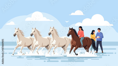 People and horses frolicking in shallow water under a bright, cloudy sky