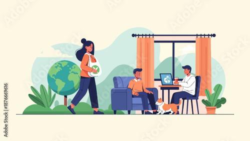 People and pet indoors and outdoors, globe, plant, laptop, and shopping bag