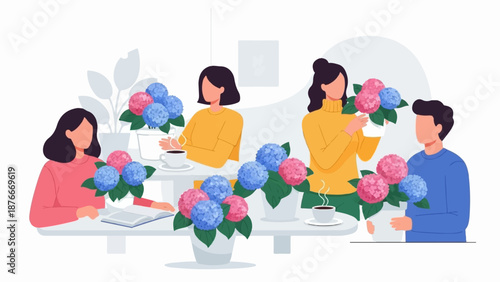 People arranging colorful hydrangeas in pots around tables with coffee and books