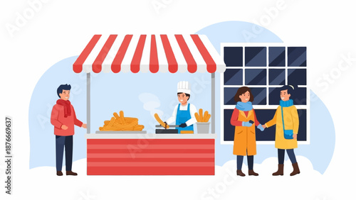 People at a food stall selling churros in a winter setting