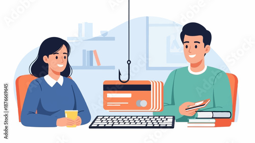 People at desk with credit cards on fishing hook, symbolizing financial risk