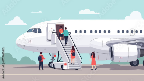 People boarding a passenger plane using stairs on an airport tarmac