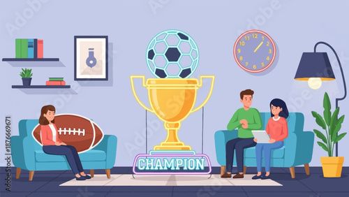 People celebrate a championship with trophies, sports balls, and home decor