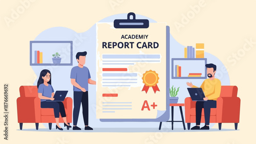 People celebrate excellent grades on report cards, with laptops, books, and plants