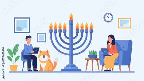 People celebrating Hanukkah at home with a dog and laptops