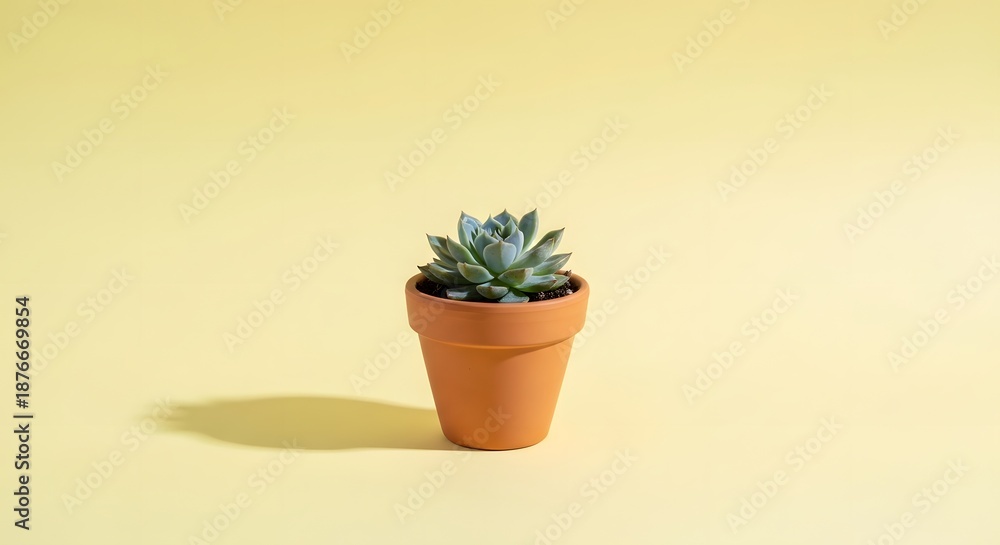 Fototapeta premium Small green succulent plant in a terracotta clay pot against a pale yellow background